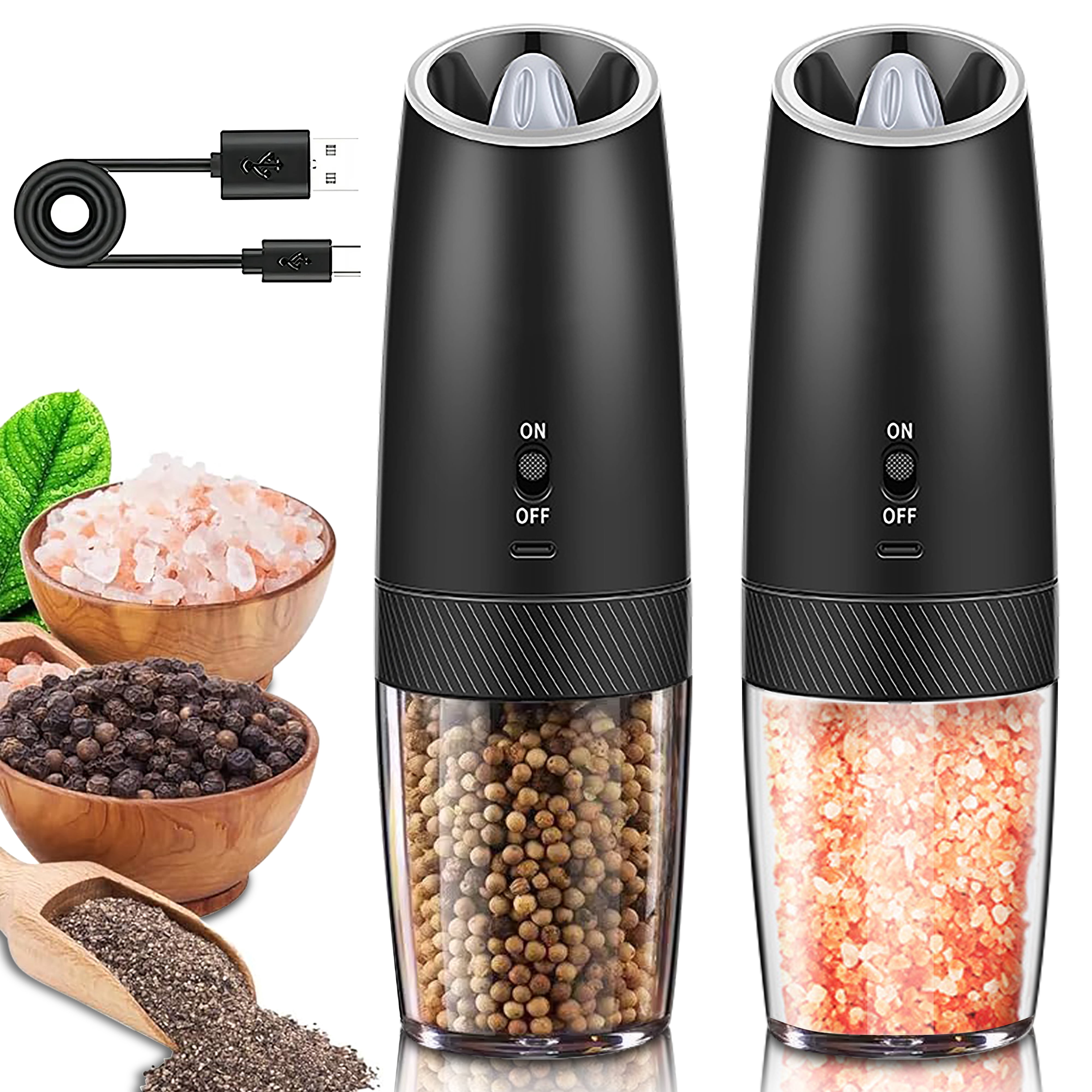 LHKLUK Electric Salt and Pepper Grinder, Set Rechargeable, Gravity Sensing, LED Light, Adjustable Coarseness, for Home Kitchen BBQ, Two sets