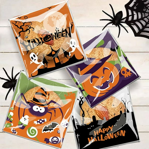 LHNFT 100pcs Halloween Cookie Bag, Self-Adhesive Halloween Trick or Treat Bags Plastic Halloween Cellophane Candy Bags Halloween Gift Bags for Party Supplies Snack Gift Packing