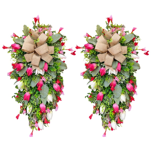 LHNFT 2 PCS 24" Spring Swags for Front Door Artificial Tulip Teardrop Swags Lavender Butterfly Eucalyptus Swags Wreath Spring Summer Floral Hanging Swags for Farmhouse Wedding Cabinet Home Decor