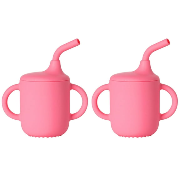 LHNFT 2 Pack 100% Tiny Silicone Drinking Training Cup with Handles & Straw for Baby and Toddler