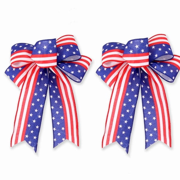 LHNFT 2 Pack 4th of July Decor Bow for Wreath Red White Blue Stripe Stars Tree Topper Bows for Patriotic,Independence Day, Memorial Day Outdoor Decorations 10.6 x 8.7 inches
