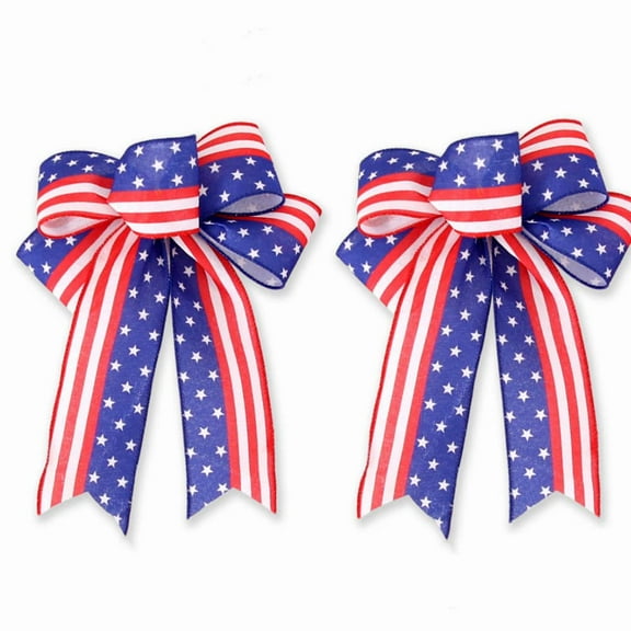 LHNFT 2 Pack 4th of July Decor Bow for Wreath Red White Blue Stripe Stars Tree Topper Bows for Patriotic,Independence Day, Memorial Day Outdoor Decorations 10.6 x 8.7 inches