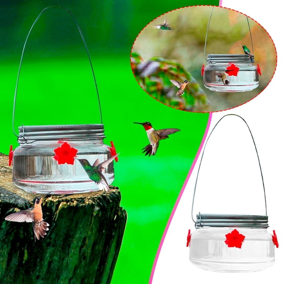 LHNFT 2 Pcs Glass Hummingbird Feeders for Outdoors Hanging, Cute Jar Shape with 4 Silicone Flower Feeding Ports, Top Fill Leak Proof Easy to Clean and Refill, Humming Bird Feeder for Outside Garden