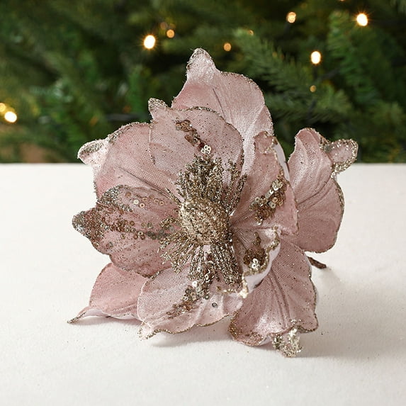 LHNFT 2 Pcs Poinsettia Artificial Flowers Christmas Tree Ornaments Velvet Glitter Magnolia Flowers for Xmas New Year Party Wedding Holiday DIY Decorations,Pink