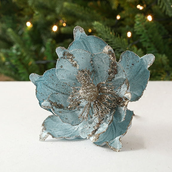 LHNFT 2 Pcs Poinsettia Artificial Flowers Christmas Tree Ornaments Velvet Glitter Magnolia Flowers for Xmas New Year Party Wedding Holiday DIY Decorations,Blue