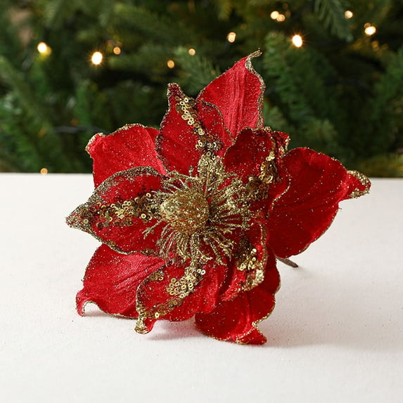 LHNFT 2 Pcs Poinsettia Artificial Flowers Christmas Tree Ornaments Velvet Glitter Magnolia Flowers for Xmas New Year Party Wedding Holiday DIY Decorations,Red