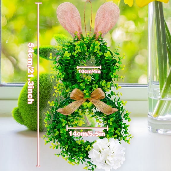 LHNFT 21Inch Easter Bunny Spring Wreath for Front Door Cute Rabbit Ears Artificial Greenery Boxwood Wreath with Linen Bow and White Hydrangea for Front Door Easter Holiday Season Decoration