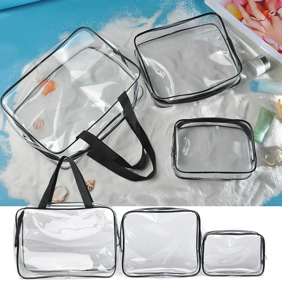LHNFT 3Pcs Clear Cosmetic Bag Air Travel Plastic Toiletry Pouch, Water Resistant Travel Toiletry Bag Set with Zipper Closure and Carrying Handle for Women Men, Travel Essentials