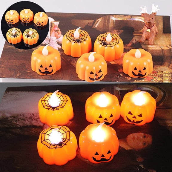 LHNFT 3Pcs Halloween Pumpkin Lights Flameless Candles Battery Operated with Timer, 200 Hours Lasting LED Flickering Votive Tealight Candles Spooky Face Halloween Decorations Indoor