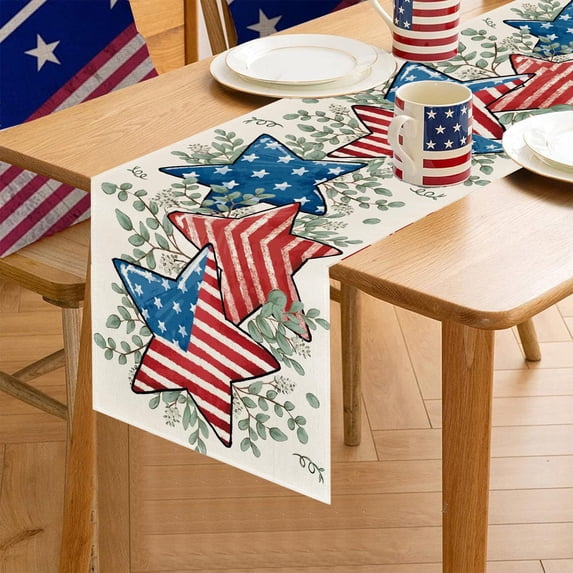 LHNFT 4th of July Table Runner 13 x 72 Inches, Patriotic Memorial Independence Day Decoration Linen Table Runners for Farmhouse Kitchen Dining Holiday Birthday Party