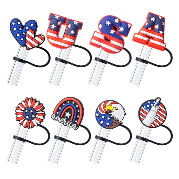 LHNFT 8Pcs 4th of July (USA) Straw Cover Cap for Stanley Cup 40oz/30oz Tumbler, 10mm Reusable Cute Drinking Straw Topper Accessories, Portable Protector Plugs Decorations Gifts for Party Supplies