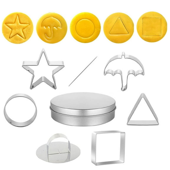LHNFT 8pcs Stainless Steel Game Cookie Cutters, Candy Sugar Making Tools with Umbrella, Triangle, Star, Round Biscuit Molds for Christmas, Valentine's Baking Kits, Tin Boxed Party Favors