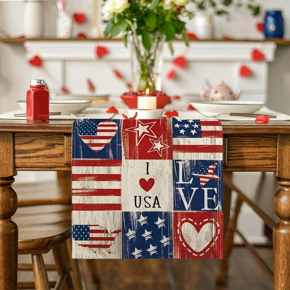 LHNFT American Flag Stars and Stripes 4th of July Table Runner, Memorial Day Kitchen Dining Table Decoration for Party Supplies Home Decor 13x92 Inch