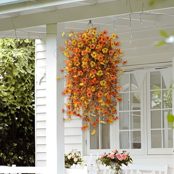 LHNFT Artificial Fall Faux Hanging Flowers Plants Basket for Outdoor Decoration, Fake Silk Orange Mums Planters UV Resistant Look Real for Home Porch Patio Yard Autumn Decor Eave Wedding Wall Decor