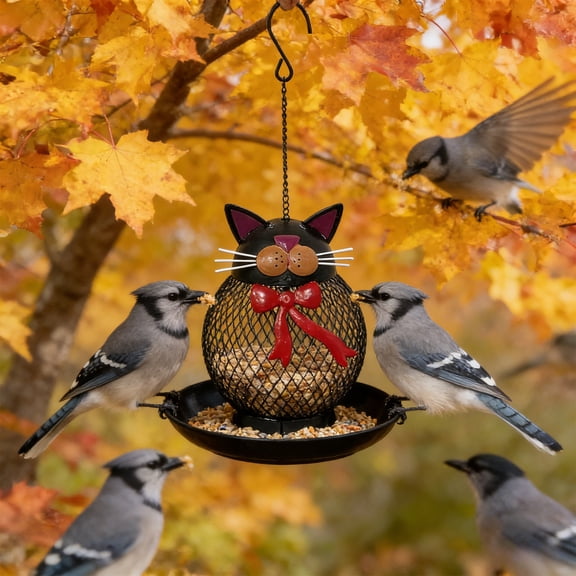 LHNFT Cute Black Cat Design Hanging Bird Feeder - Metal Mesh Seed Dispenser with Red Bow, Whimsical Garden Decor