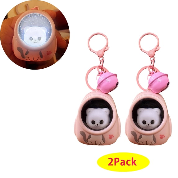 LHNFT Cute Cat LED Night Light Keychain, Pink Backpack Design, 2.16 x 1.77 inches, Light-up Star Sky Effect