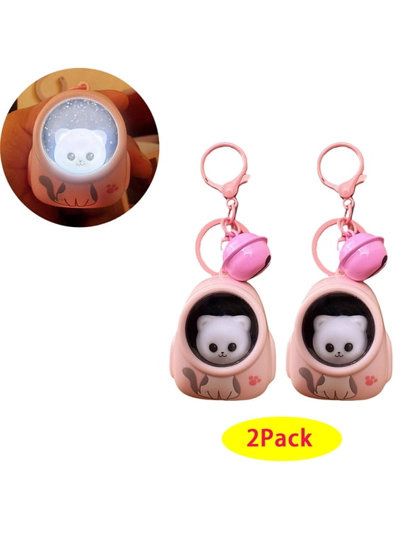 Cute Cat LED Night Light Keychain, Pink Backpack Design, 2.16 x 1.77 inches, Light-up Star Sky Effect
