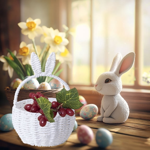 LHNFT Easter Basket with Handle, Bunny Rattan Woven Basket, Rabbit Ear Straw Wicker Easter Egg Candy Basket for Easter Egg Hunting, Picnics, Storage, Easter Decorations