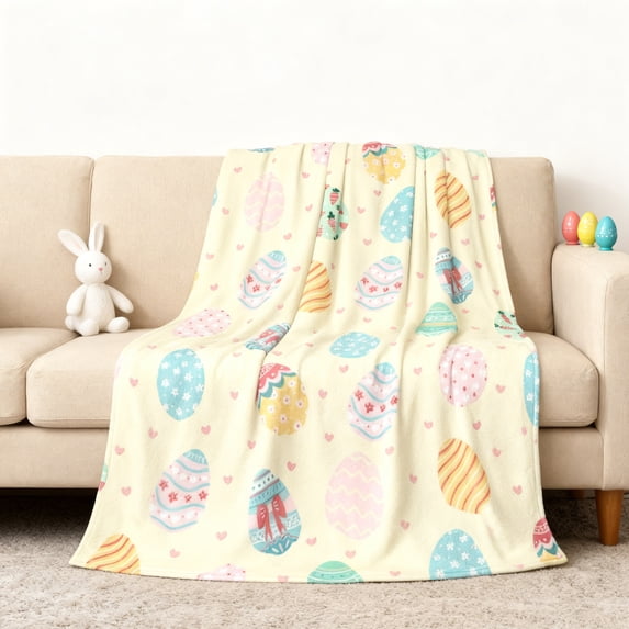LHNFT Easter Blanket Bunny Easter Eggs Print Stuffed Blanket Suitable for Sofa Bed Spring Holiday Decoration, Easter Decorations