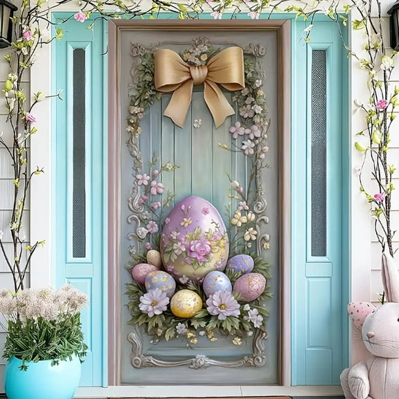 LHNFT Easter Decorations Door Cover, Easter Eggs Bow Banner Spring Bunny Wreath Door Curtain Covers Holiday Welcome Sign for Front Door Party Supplies Home Decor, 35x71 Inch
