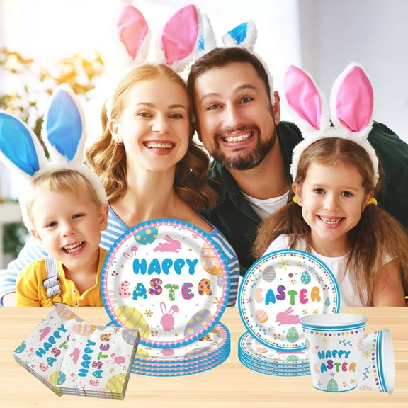 LHNFT Easter Disposable Tableware Colorful Easter Bunny Easter Eggs Plates Napkins and Cups for 16 Guest Happy Easter Decorations Supplies