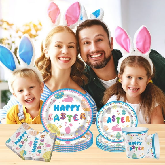LHNFT Easter Disposable Tableware Colorful Easter Bunny Easter Eggs Plates Napkins and Cups for 16 Guest Happy Easter Decorations Supplies