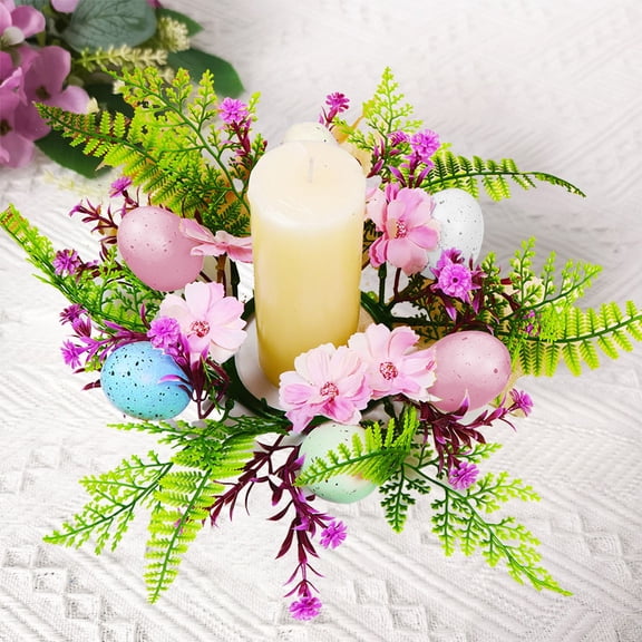 LHNFT Easter Egg Candle Rings Wreaths, Green Leaves with Little Daisy Flower Spring Egg Candle Holder Ring 3" Center for Holiday Home Kitchen Tabletop Decor