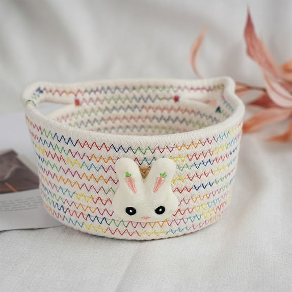 LHNFT Easter Theme Woven Basket, Cute Bunny Basket, Rope Room Shelf Storage Basket, Cat Dog Toys Basket Chest Box, Empty Decorative Gift Basket with Handles - Colorful Thread