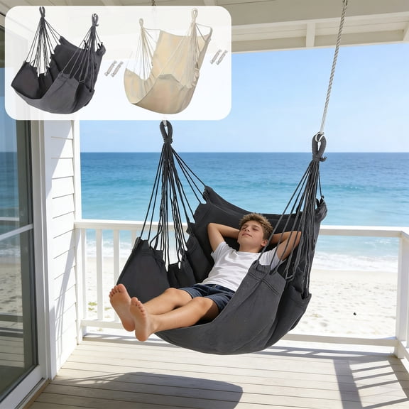 LHNFT Hanging Hammock Chair with Cushion & Hang Kit,Heavy Duty Cotton Rope Swing Seat for Adults,Portable Indoor Outdoor Furniture for Bedroom,Patio,Porch & Garden