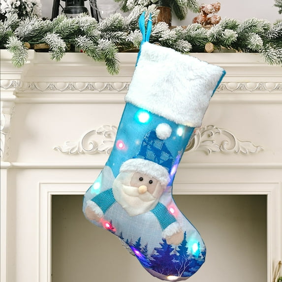 LHNFT Light Up Christmas Stockings, Christmas Stockings with LED Lights, Blue Santa Snowman Xmas Stockings, Fireplace Hanging Stockings for Home Holiday Xmas Party Decor