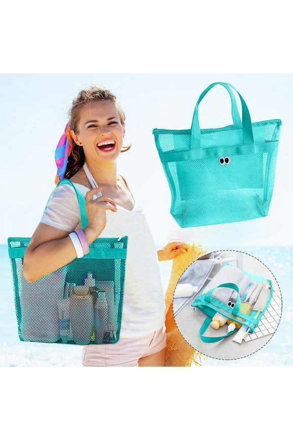 Mesh Beach Bag Beach Toys with Zipper and Pockets, Large Beach Tote Waterproof Sandproof for Toys Storage Travel Pool Bag