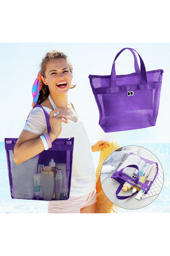 Mesh Beach Bag Beach Toys with Zipper and Pockets, Large Beach Tote Waterproof Sandproof for Toys Storage Travel Pool Bag