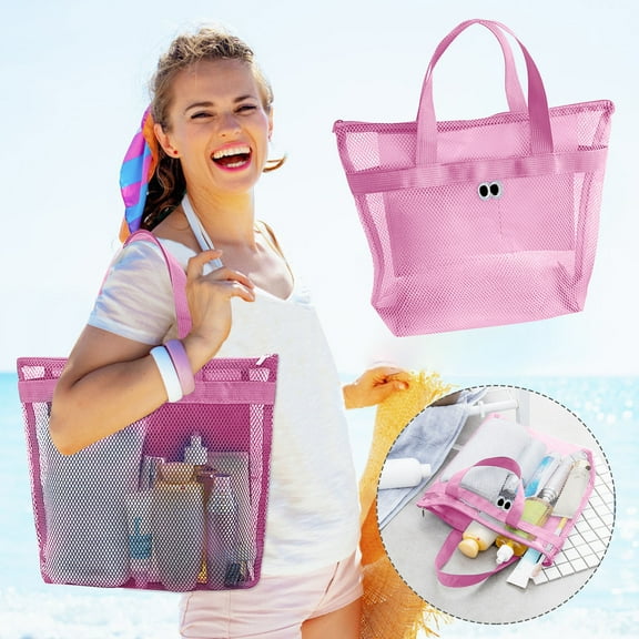 LHNFT Mesh Beach Bag Beach Toys with Zipper and Pockets, Large Beach Tote Waterproof Sandproof for Toys Storage Travel Pool Bag