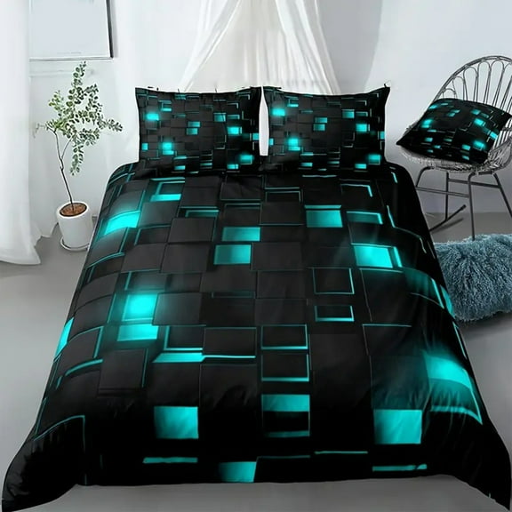 LHNFT Mint Green Black Comforter Set Full Geometric Bedding Set, 3 PCS Geometry Honeycomb Bed Set Modern Quilt Set 1 Comforter 2 Pillow Cases Cool Room Decor All Season