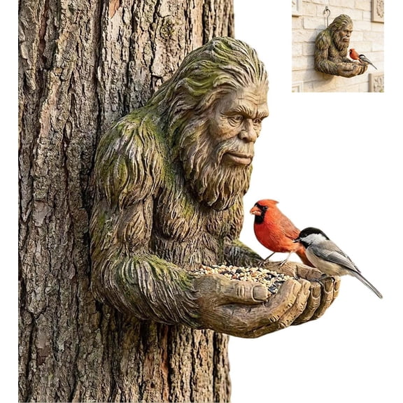 LHNFT Outdoor Bird Feeder, Garden Art Sculpture with Hidden Keyhole Hanger, Waterproof Outdoor Resin Statue for Tree/Wall Mount, Unique Wildlife Decor