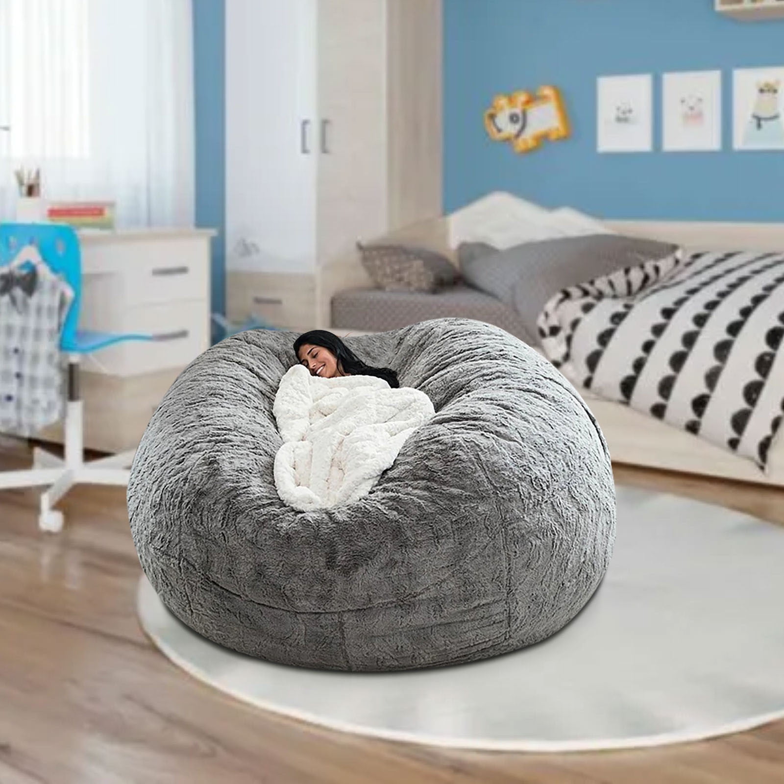 LHNFT Oversized Bean Bag Cover Comfy Beanbag Chair for Adults Without Filler Faux Fur Floor Chair Lazy Sofa Cover Comfy for Living Room Chairs, 70.9"x35.4"