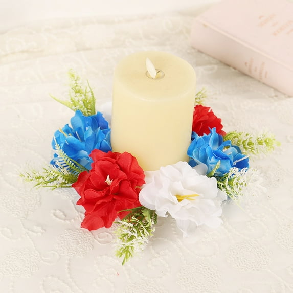 LHNFT Patriotic Candle Rings Wreaths 3 Inch Center for Pillars 4th of July Artificial Red White and Blue Peony Floral Candle Ring Holder for Independence Day Memorial Day Table Centerpiece