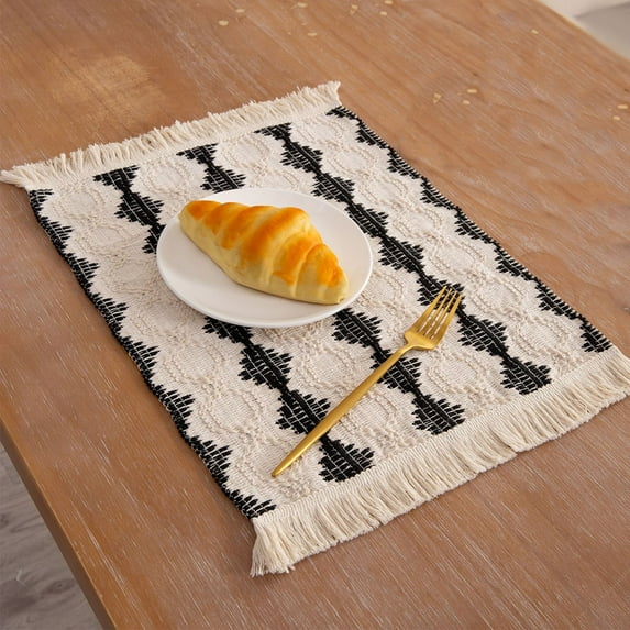 LHNFT Rectangular Placemats Set of 2, Cotton Linen Table Mat Heat Resistant Washable Weave Geometric Pattern with Tassel for Home Party Restaurant, 19.7x13 Inches