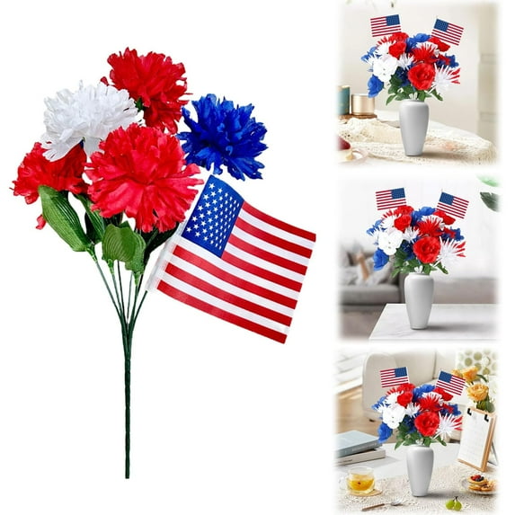 LHNFT Red White Blue Flowers for 4th of July Decorations, America Flags Patriotic Artificial Flowers, Indoor Artificial Spring Summer Bouquet Table Party Supplies Home Decor