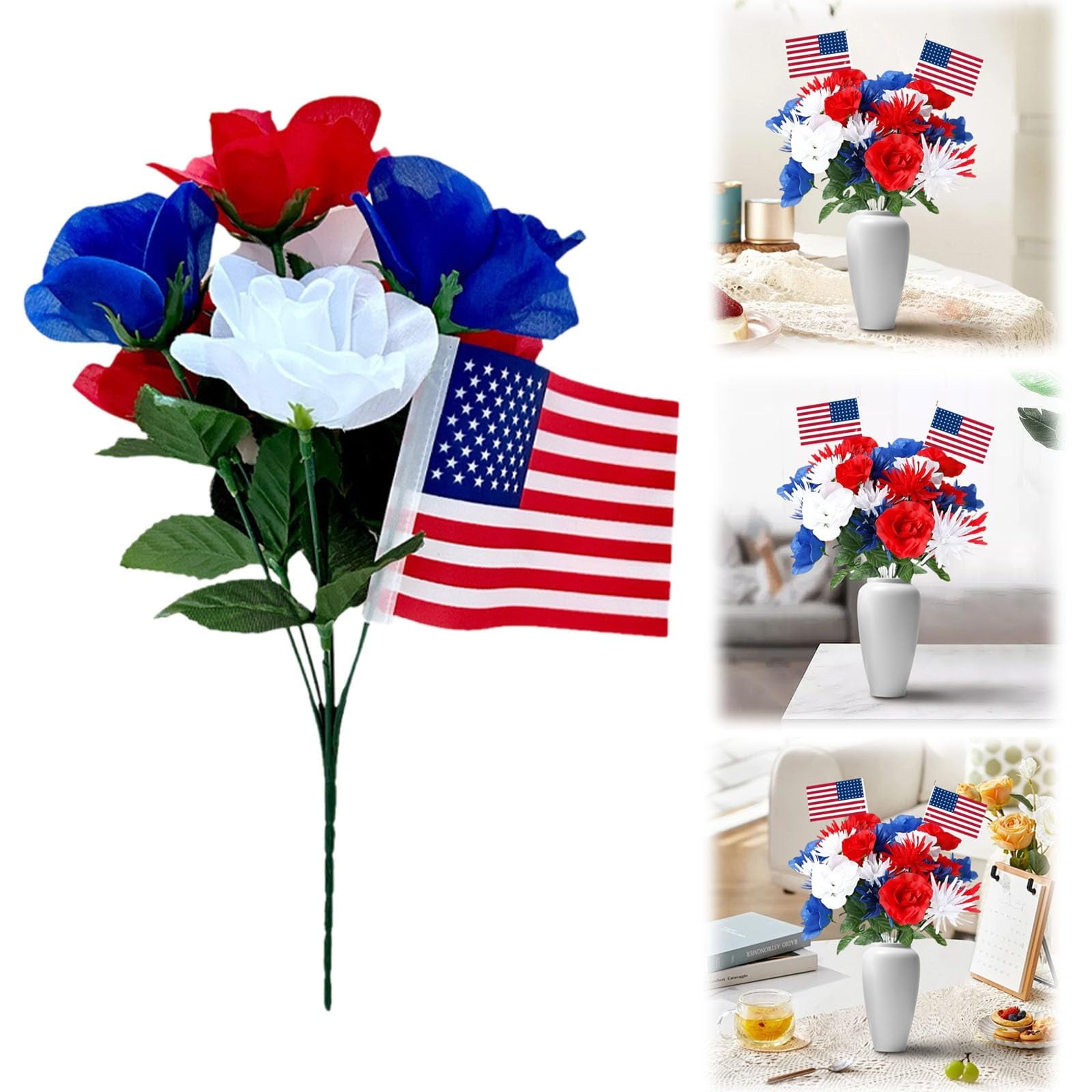 LHNFT Red White Blue Flowers for 4th of July Decorations, America Flags ...