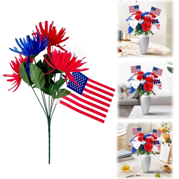 LHNFT Red White Blue Flowers for 4th of July Decorations, America Flags Patriotic Artificial Flowers, Indoor Artificial Spring Summer Bouquet Table Party Supplies Home Decor