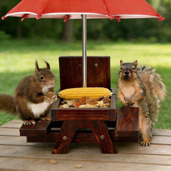 LHNFT Squirrel Feeder with Umbrella, Squirrel Feeders for Outside, Squirrel Picnic Table Feeder - Chipmunk Feeder Hold Corn, Corn Cob,