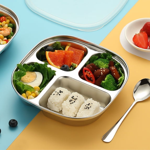 LHNFT Stainless Steel Divided Plates Compartment Trays 3/4 Section Mini Trays for Lunches Kids Portion Control Camping Silver