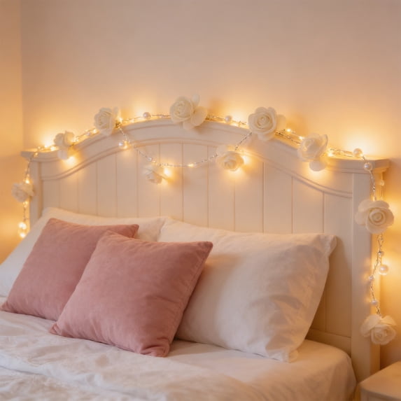 LHNFT String Lights with White Roses and Pearls, Fairy Lights for Bedroom, Rose Flower Light for Valentine's Day, Decorative Light Indoor Outdoor for Birthday Party Wedding Holiday Decoration