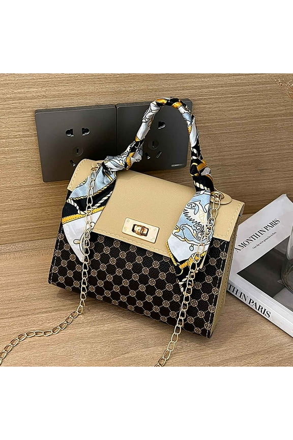 Women's Silk Scarf Top Handle Graphic Crossbody Bag Turn Lock Elegant Flap Square Shoulder Bags