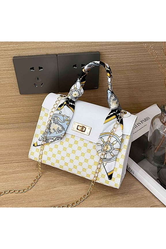 Women's Silk Scarf Top Handle Graphic Crossbody Bag Turn Lock Elegant Flap Square Shoulder Bags