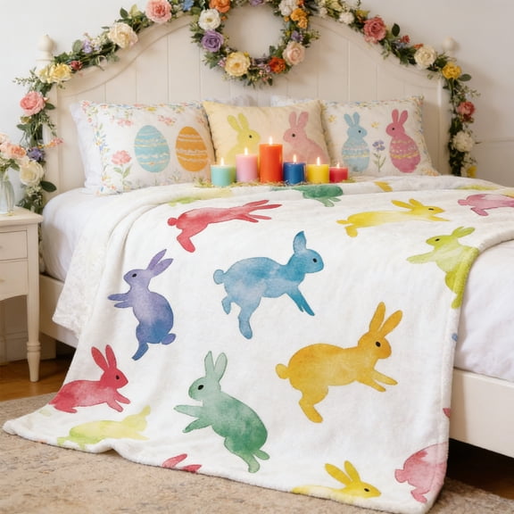 LHNFt Easter Eggs Throw Blanket, Spring Bunny Rabbit and Flower Eggs Throw Blanket, Soft Warm Colorful Easter Bunny Flannel Blanket for Couch Bed Sofa, 30x40 Inch