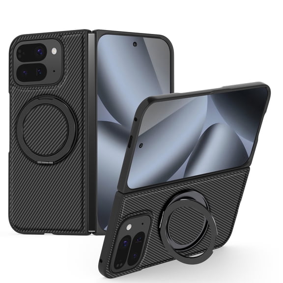 LHNUNP Magnetic for Google Pixel 10 Pro Fold Carbon Fiber Case with Stand, Compatible with MagSafe Rotation Kickstand Slim Anti-Scratch Shockproof Case, Black