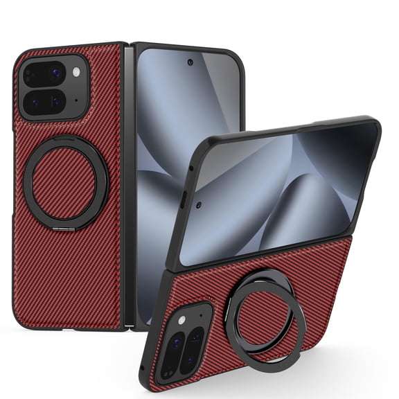 LHNUNP Magnetic for Google Pixel 10 Pro Fold Carbon Fiber Case with Stand, Compatible with MagSafe Rotation Kickstand Slim Anti-Scratch Shockproof Case, Red
