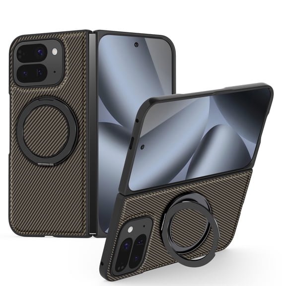 LHNUNP Magnetic for Google Pixel 9 Pro Fold Carbon Fiber Case with Stand, Compatible with MagSafe Rotation Kickstand Slim Anti-Scratch Shockproof Case, Coffee
